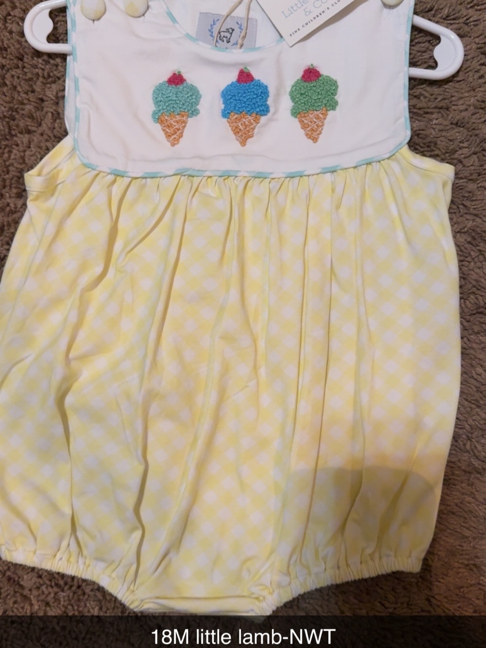 Little Lamb Yellow Gingham Ice Cream Romper - 18M